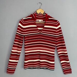 TOMMY HILFIGER Quarter Zip Stripe Sweater Red Balck White Women's Medium